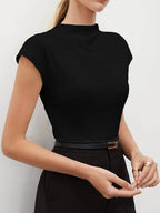 Women's High Neck Cap Sleeve Blouse Knit Fitted Top Minimalist Valentine Spring Summer Black Pants Chic Daily Lightweight Top