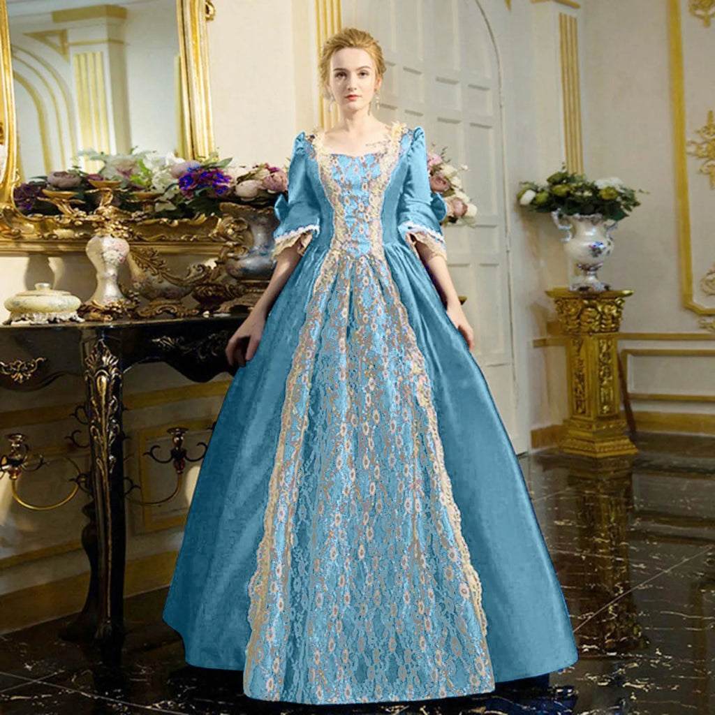 18th Century Medieval Dress Women High Waist Half Sleeve Ball Gown Princess Lace Patchwork Satin Dress Queen Renaissance Costume