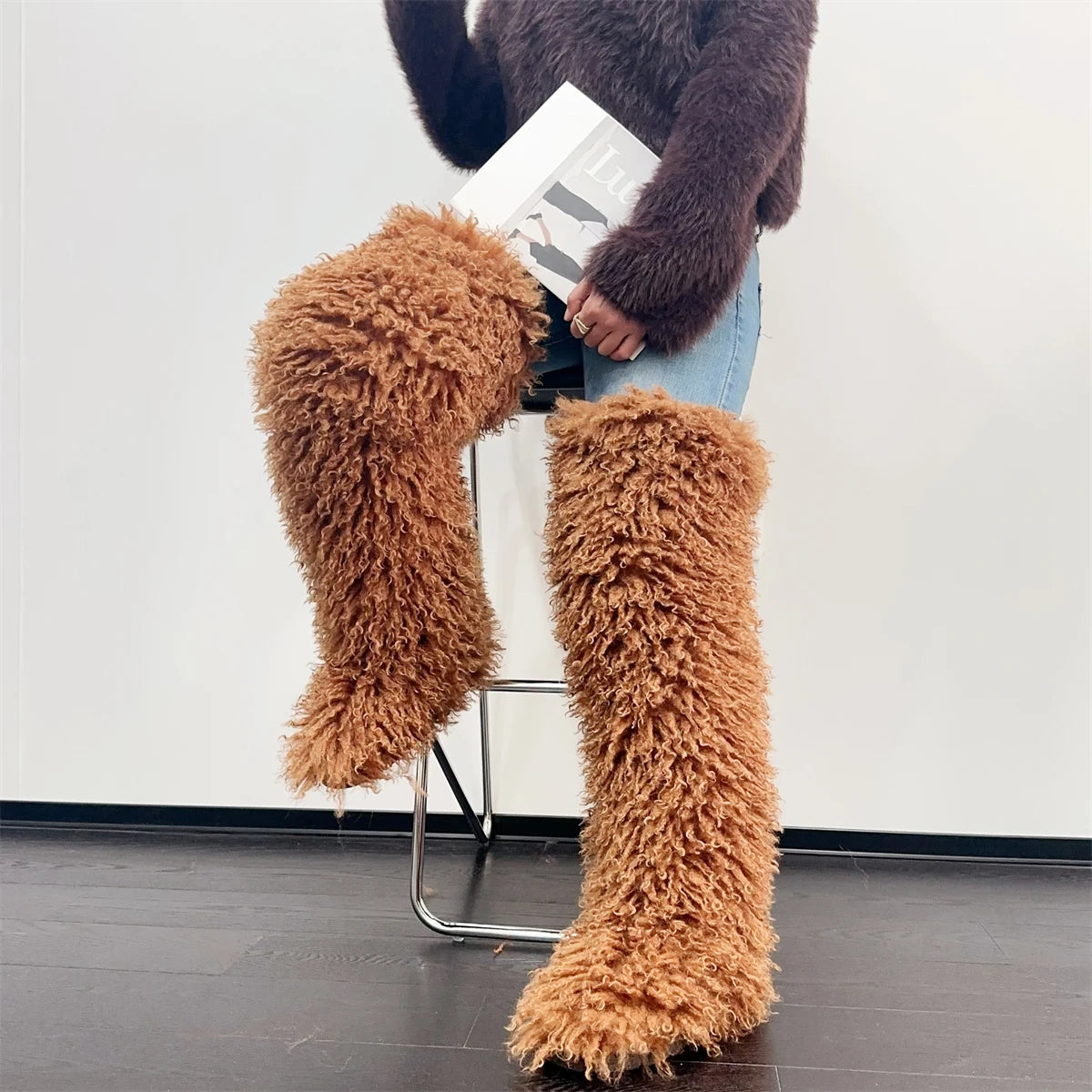 Womens Faux Mongolian Thigh Highs Faux Fur Boots Winter Warm Tall Fur boots