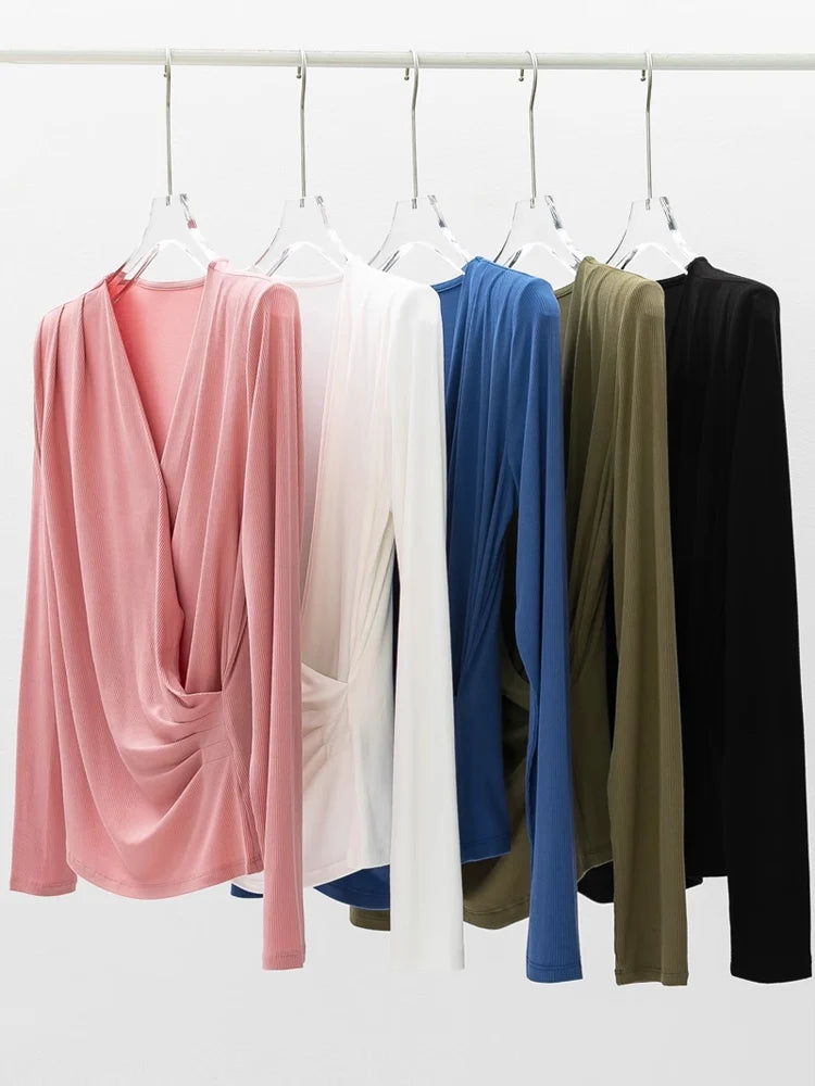 SuyaDream Women's Silk Blend T-Shirt, Wrapped V Neck, Long Sleeved, Ribs Knitted Basic Tee, Monochromatic, 2023 Fall, Winter