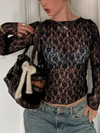 Mooyufon Long Sleeves See Through Lace Crop Top Solid Sexy Bodycon T-Shirt For Women Party Club Autumn Winter Clothes