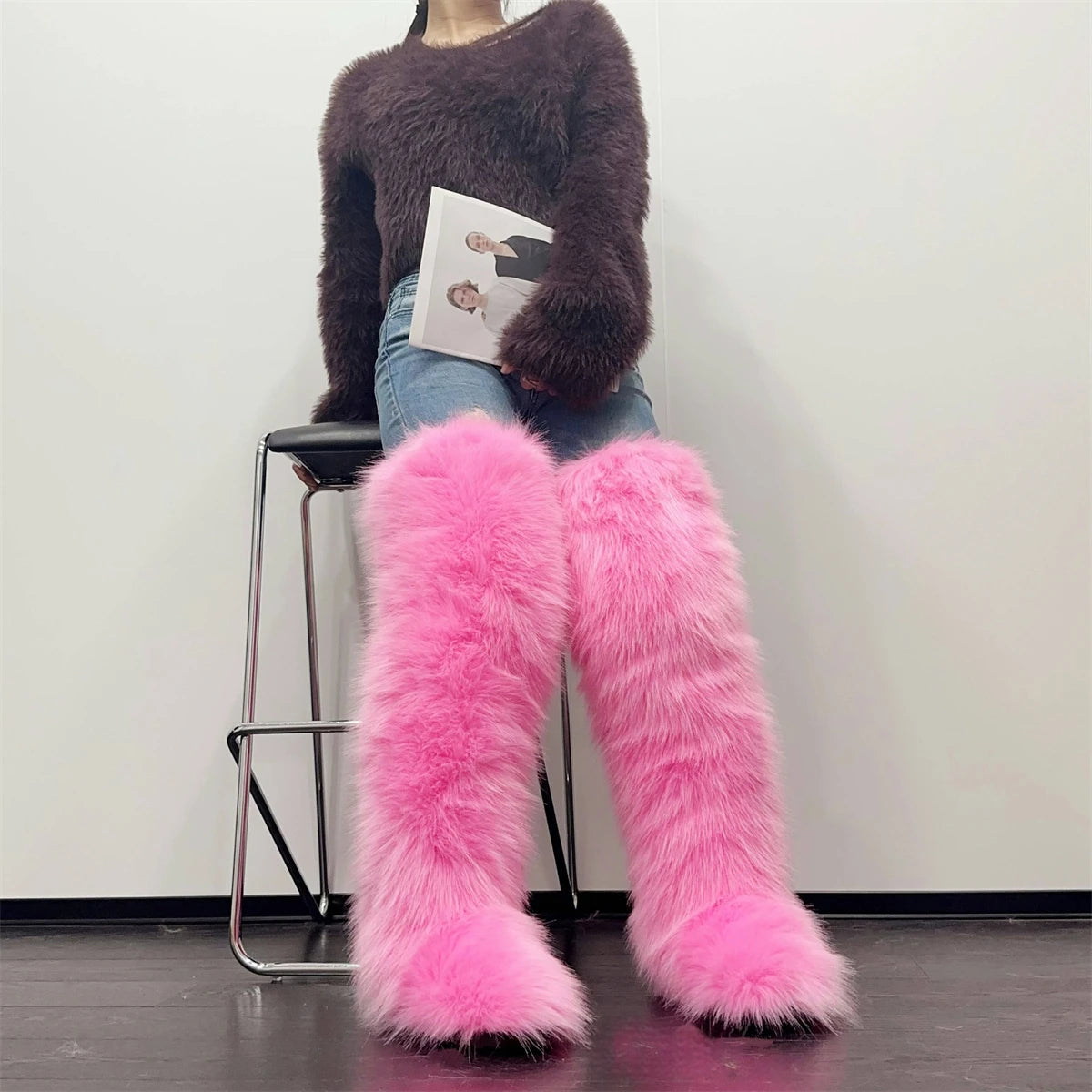 Womens Faux Mongolian Thigh Highs Faux Fur Boots Winter Warm Tall Fur boots