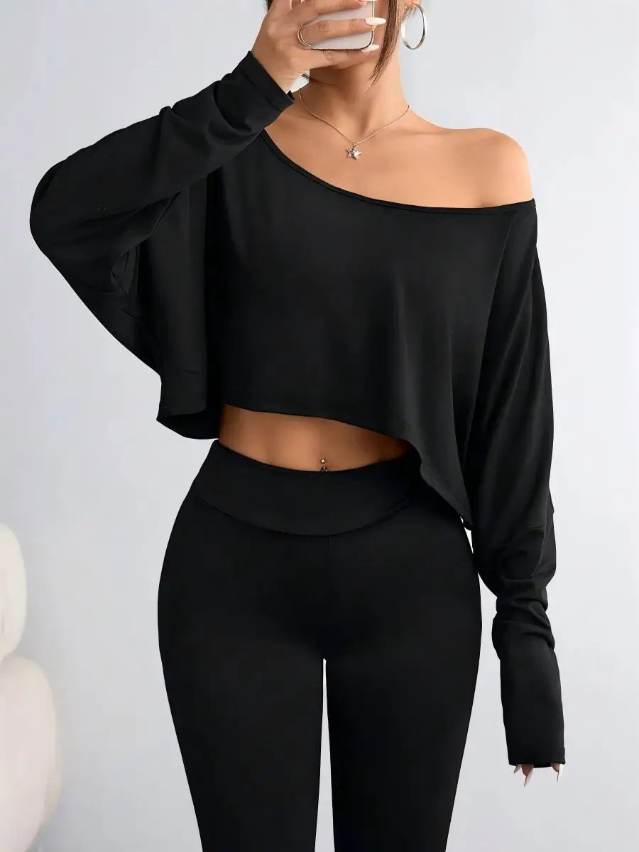Women'S Black Long Sleeve Blouse T-shirt Casual Asymmetrical Neck Strapless Top for Sporty