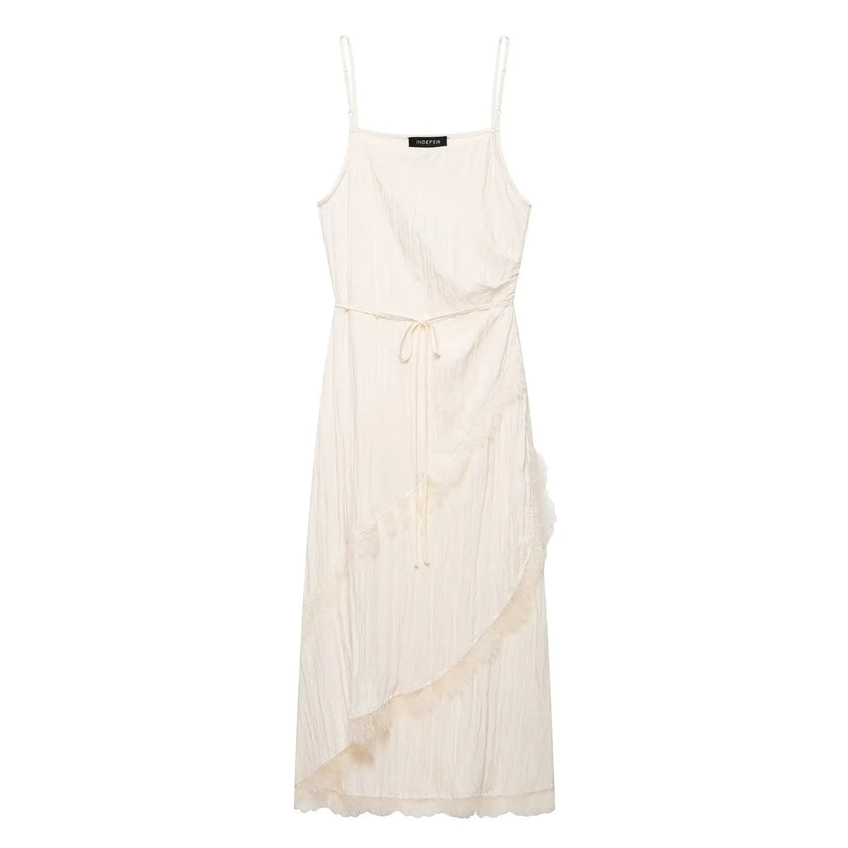 YENKYE Romantic Crinkled Wrap Slip Dress Women Self Tie Waist Lace Trim Irregular Hem Beach Vacation Midi Dresses Female Vestido