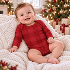 Red Plaid Baby Bodysuit In Soft Cotton Rib - Holiday One Piece