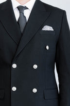 Modern Fit Double-Breasted Black Men’s Suit with Silver-Tone Metal Buttons – Wessi