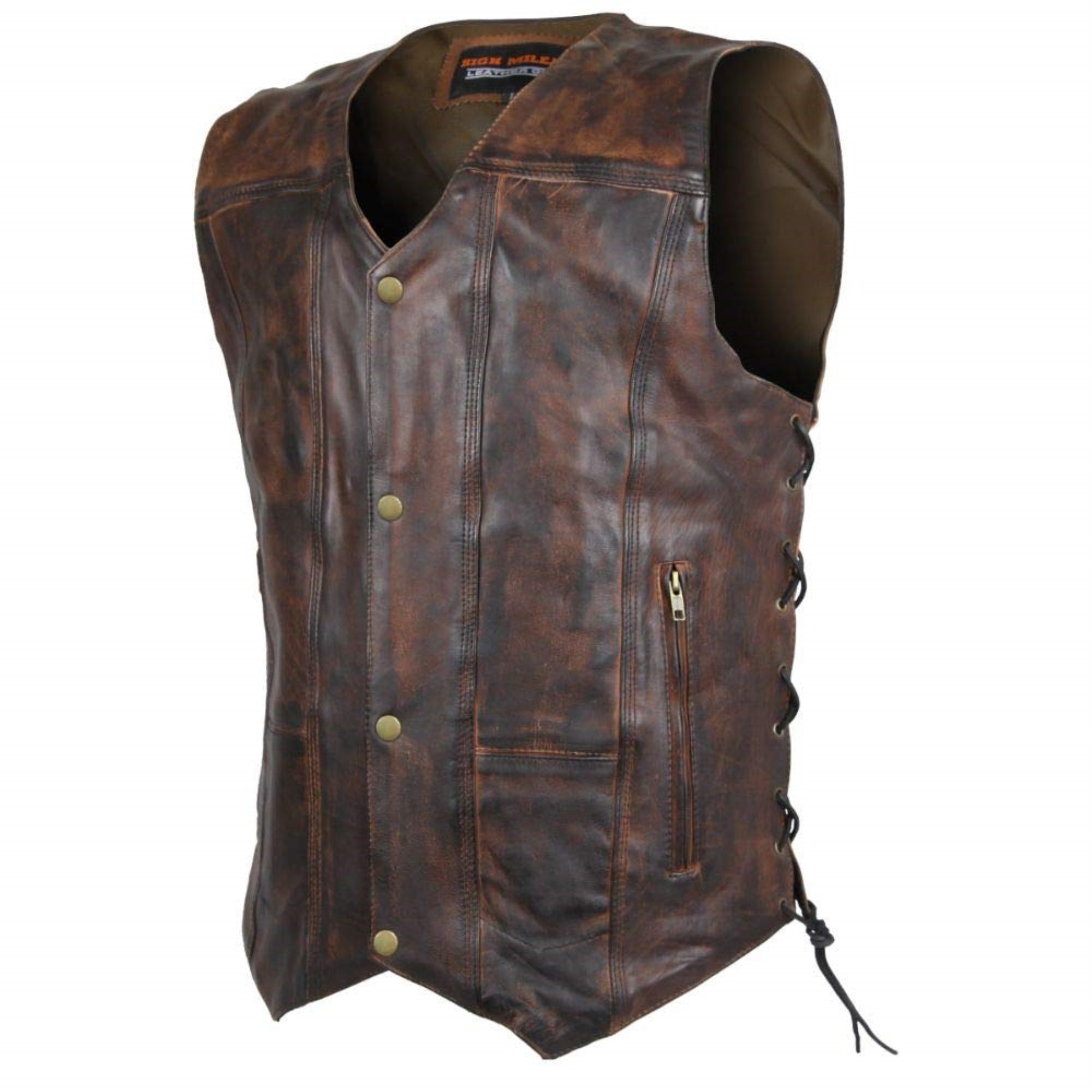 Mens High Mileage Vintage Brown 10 Pocket Premium Leather Vest