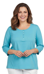 Women's 3/4 Sleeve Henley Top — Cotton Blend with Button Placket