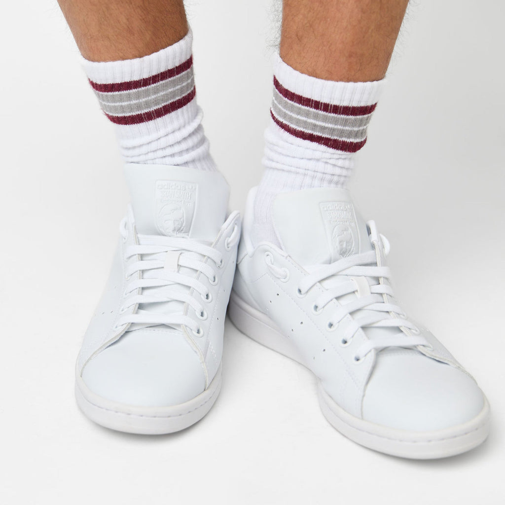 White Maroon 4 Stripe Casual Crew Socks