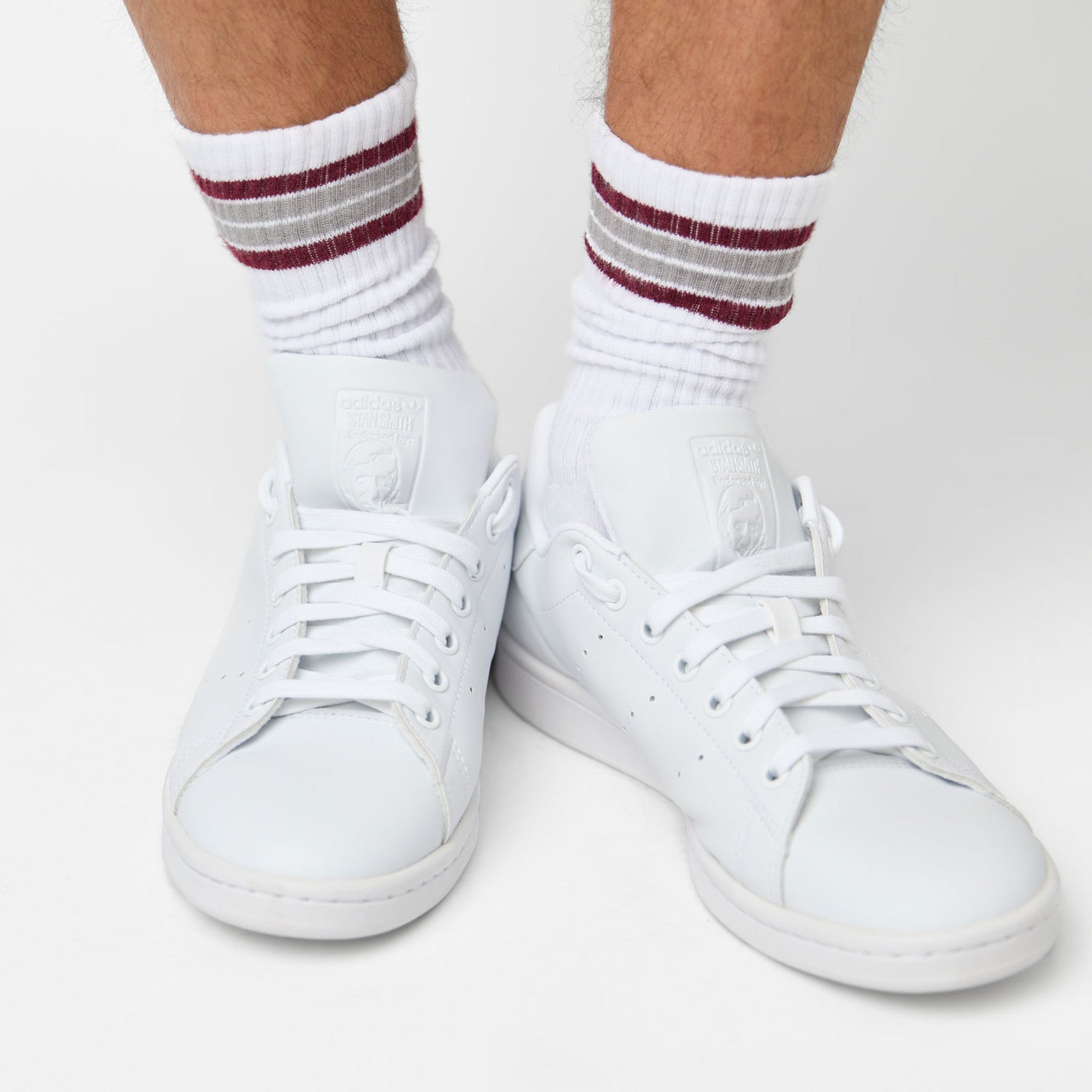 White Maroon 4 Stripe Casual Crew Socks