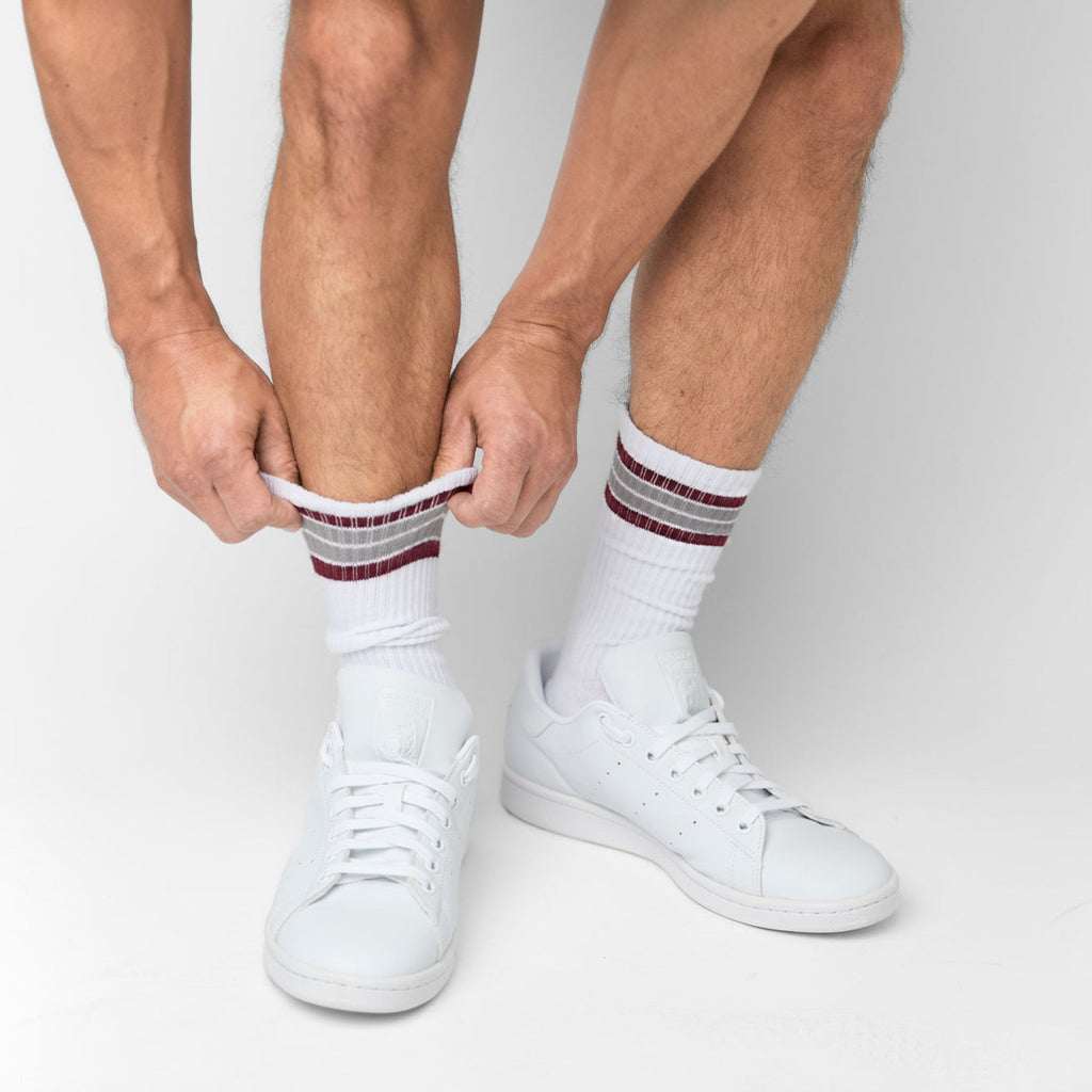 White Maroon 4 Stripe Casual Crew Socks