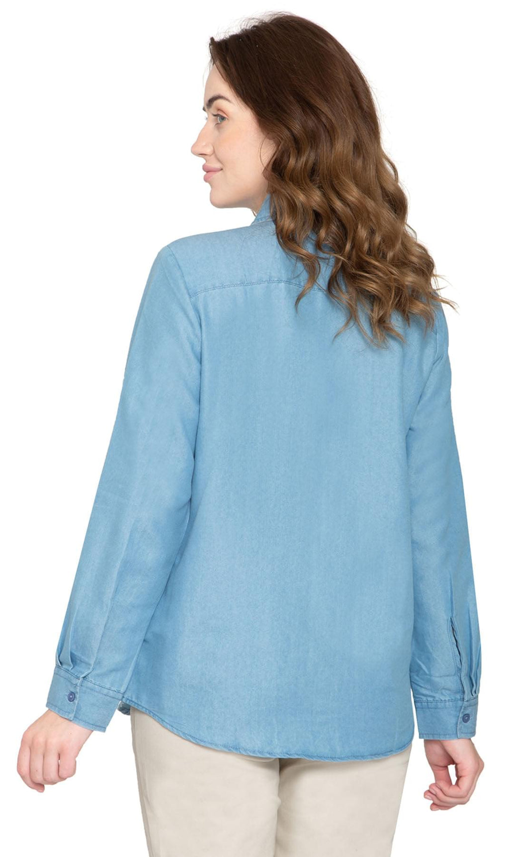 Women's Long Sleeve Button Down Denim Shirt with Front Pocket