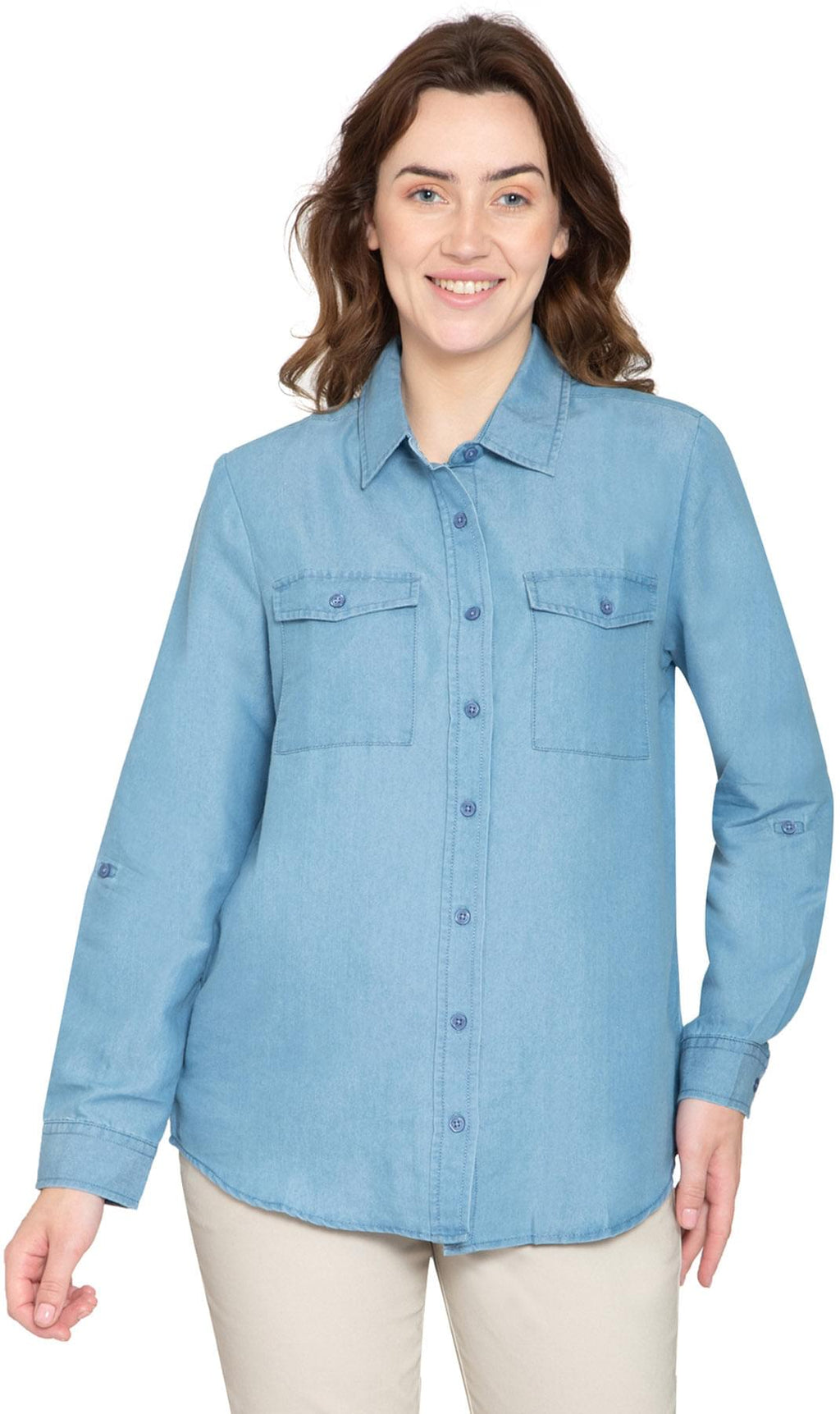 Women's Long Sleeve Button Down Denim Shirt with Front Pocket