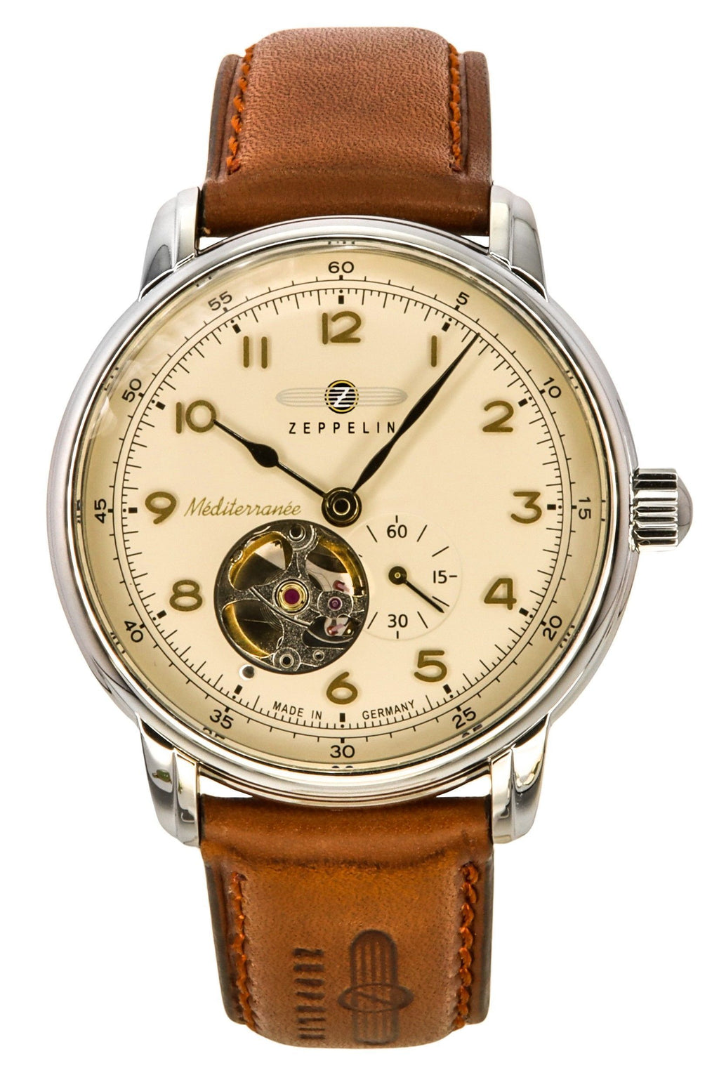 Zeppelin Mediterranee Leather Strap Open Heart Beige Dial Automatic 96665 Mens Watch
