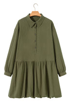 Four Leaf Clover Plus Size Collar Half Button Long Sleeve Ruffle Hem Mini Dress