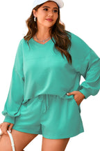 Sea Green Drop Shoulder V Neck Pullover Top and Drawstring Short Plus Size Set