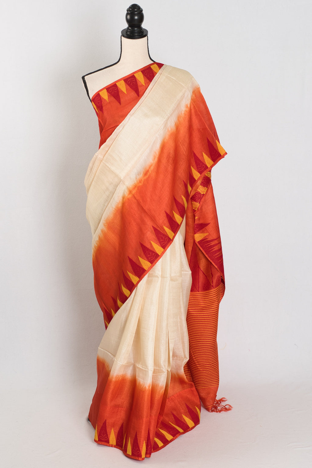 Kalpana: Cream & Orange Bengal Tussar Silk Saree | Silk Mark Certified