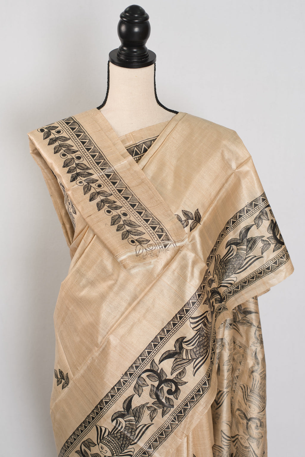 Matsya: Hand-Painted Madhubani Tussar Silk Saree | Fish Motif | Beige & Black