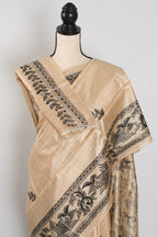 Matsya: Hand-Painted Madhubani Tussar Silk Saree | Fish Motif | Beige & Black