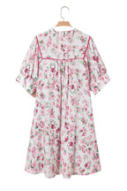 Pink Floral Split Neck Short Sleeve Loose Plus Size Mini Dress