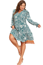 Green Floral Flounce Sleeve Split Neck Plus Size Dress