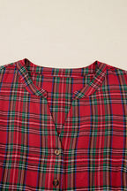 Red Plus Size Plaid Half Button Long Sleeve Holiday Dress