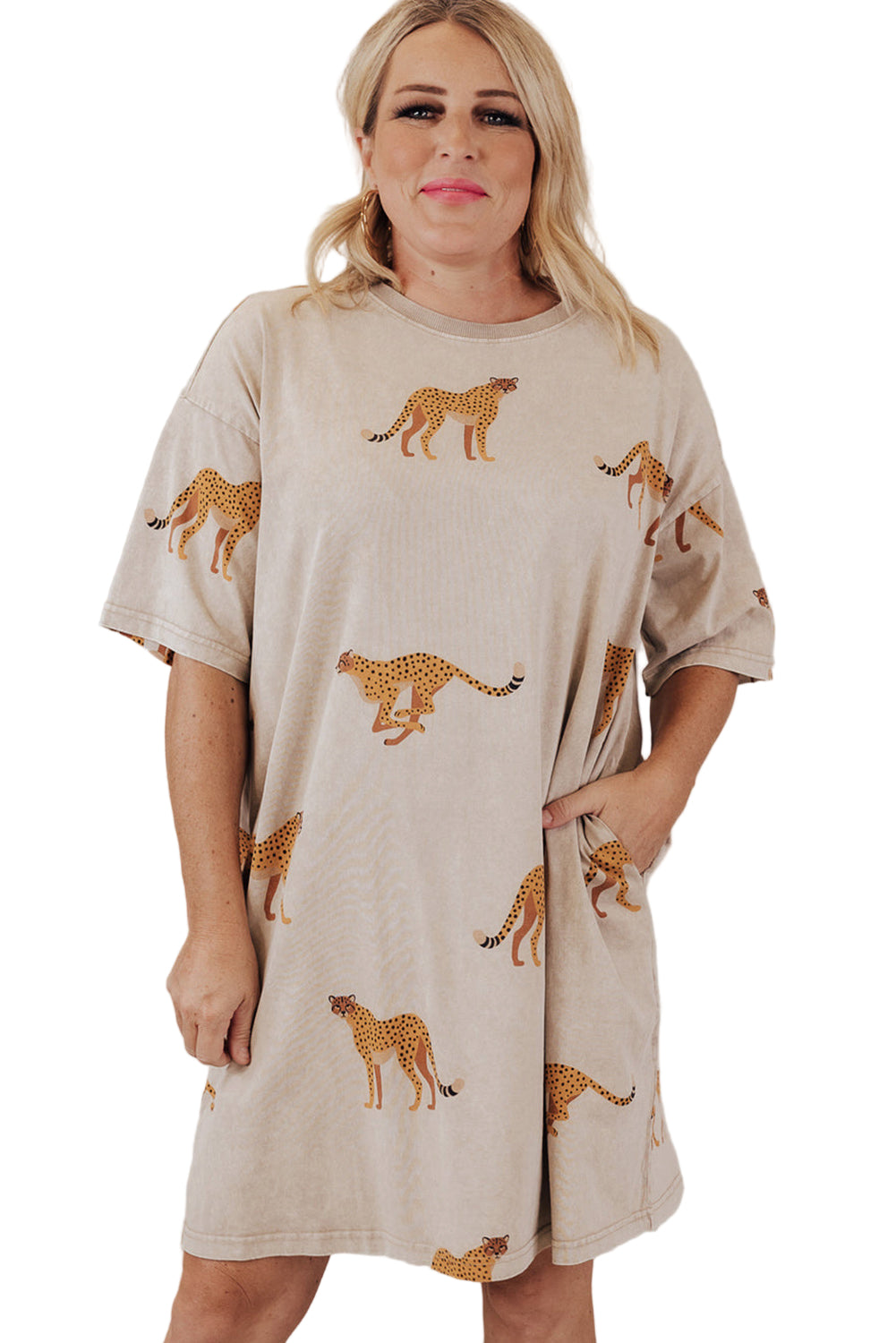 Apricot Plus Size Cheetah Print Side Pockets T Shirt Mini Dress