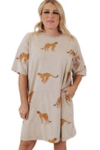 Apricot Plus Size Cheetah Print Side Pockets T Shirt Mini Dress