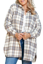 White Plaid Print Tunic Plus Size Shacket with Slits