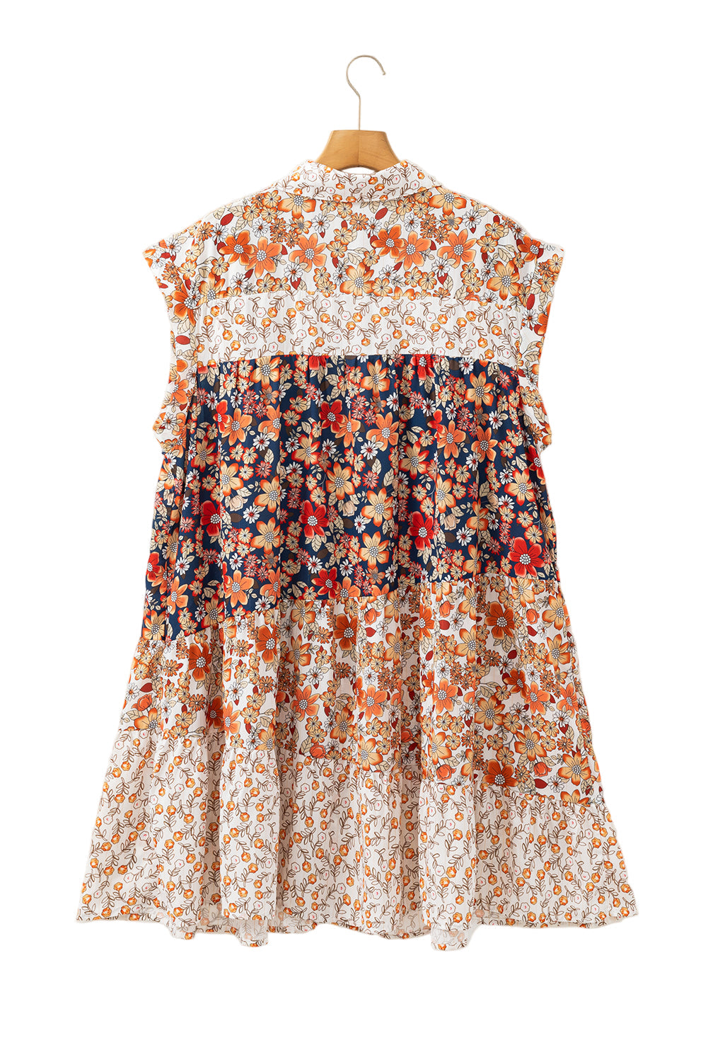 Beige Plus Size Floral Patchwork Button Front Collared Mini Dress