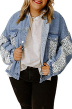 Beau Blue Leopard Patchwork Flap Detail Plus Size Denim Jacket