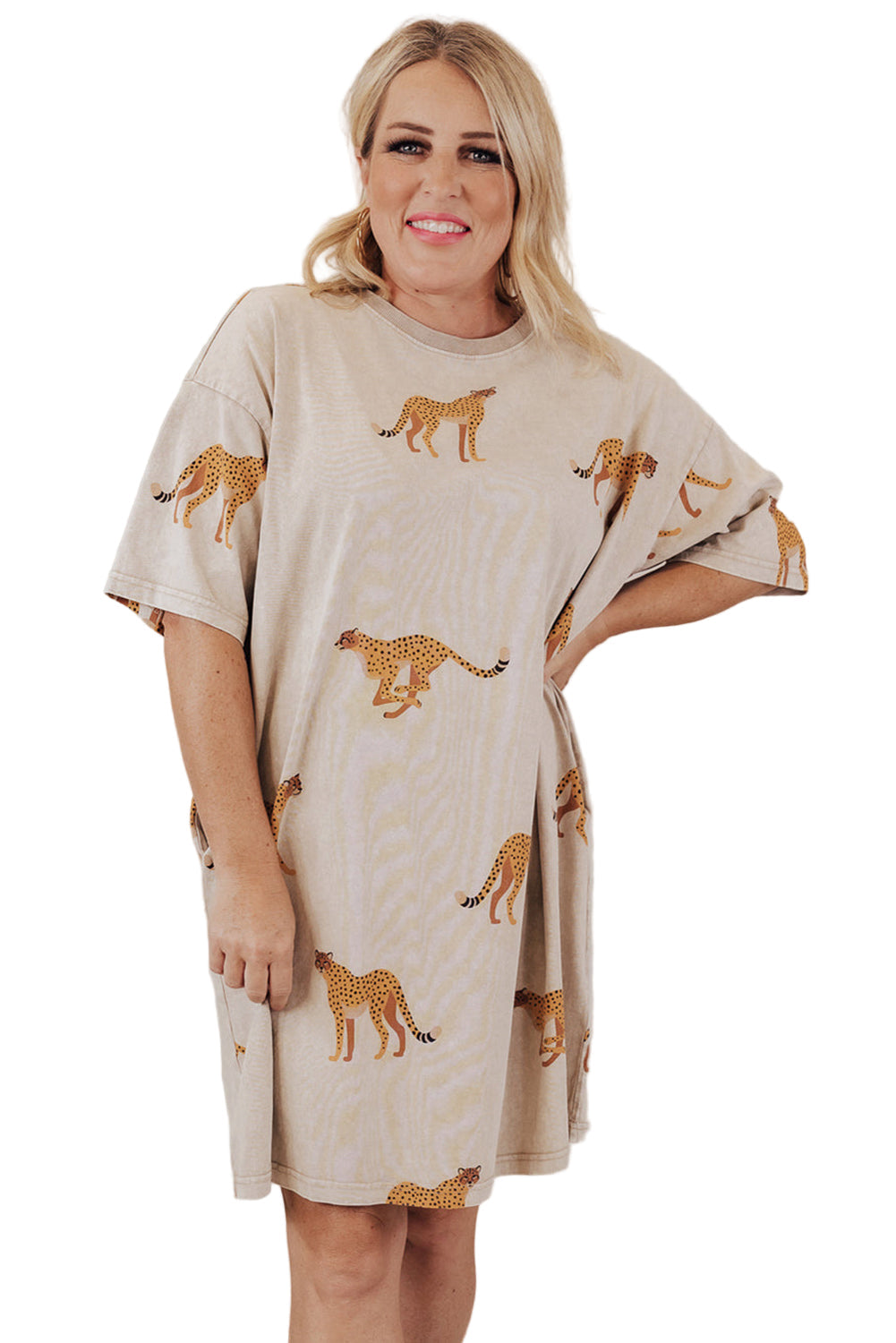 Apricot Plus Size Cheetah Print Side Pockets T Shirt Mini Dress