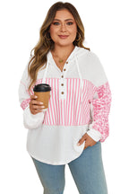 Pink Stripe Leopard Patchwork Waffle Knit Buttoned Plus Size Hoodie