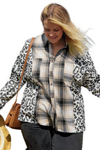 Black Plus Size Plaid Leopard Printed Patchwork Button Up Shacket