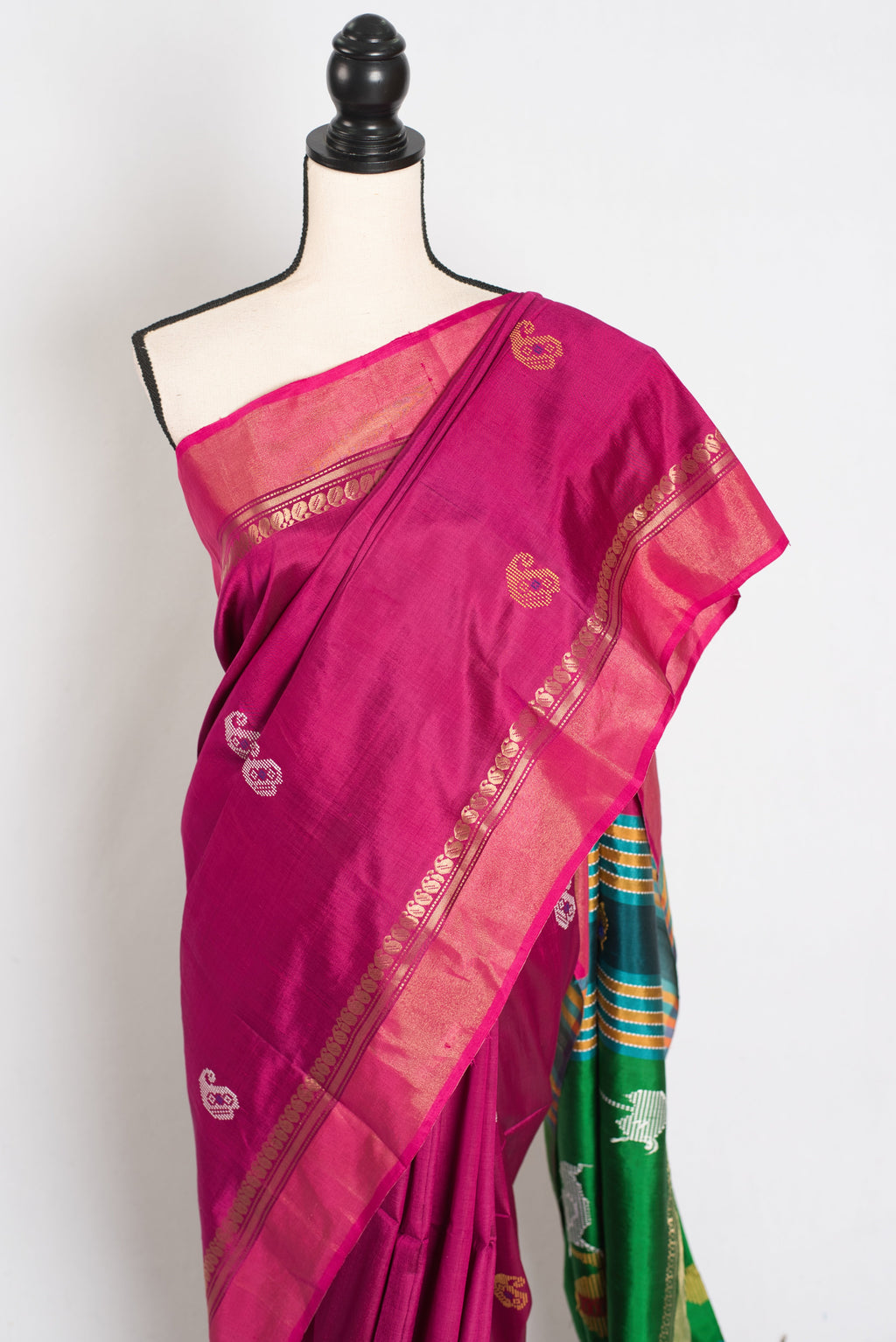 Mridula : Lightweight Bishnupur Katan Silk Saree in Purple and Green
