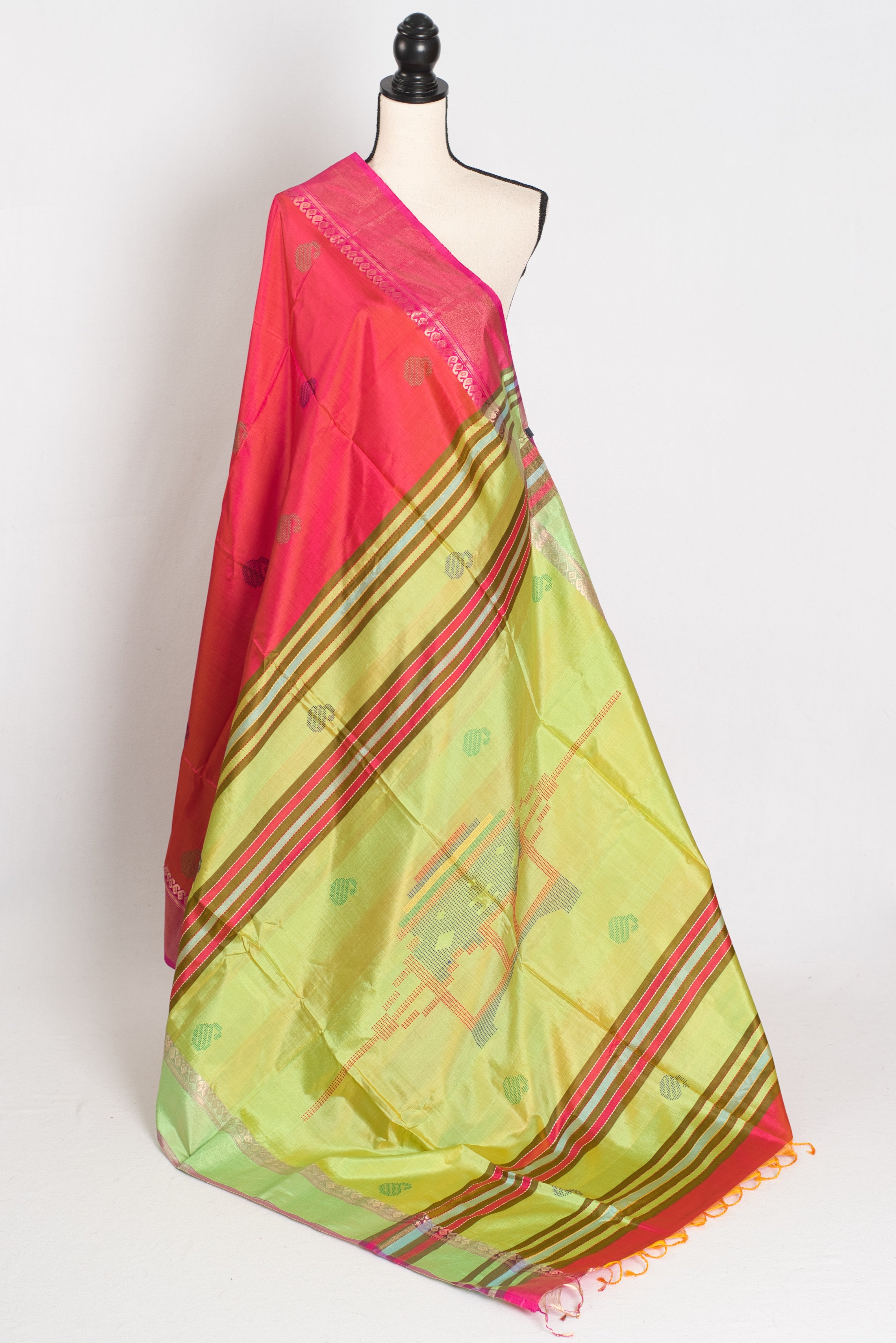 Malini : Bishnupur Katan Silk Saree in Peach Orange and Green