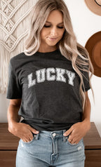 Distressed Varsity Lucky St Patricks Graphic Tee T-Shirt