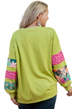 Green Plus Size Printed Patchwork Sleeve Split Sweatshirt