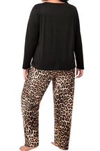 Black Leopard Patched Pocket Long Sleeve Top Plus Size Pants Set
