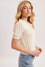 POINTELLE BUTTON DOWN SHIRT KNIT CARDIGAN: IVORY