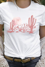 Pink Moon Night Desert Scene Cacti Graphic Tee T-Shirt