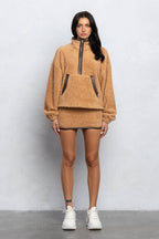 Cozy Half Zip Top & Mini Skirt Set – Fuzzy Lounge Wear for Women