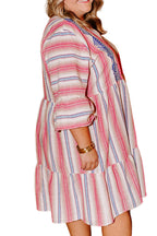 White Stripe Plus Size Embroidered Detail Flared 3/4 Sleeve V Neck Dress