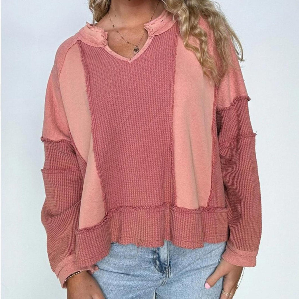 POL Women's Lisette Notched Neck Contrast Knit Top