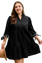 Black Contrast Trim Knot Cuffs Plus Size V Neck Mini Dress