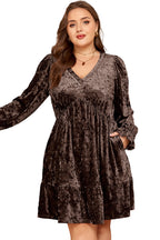 Coffee Plus Size Velvet Babydoll Mini Dress with Puff Sleeve