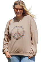 Pale Khaki Floral Peace Sign Graphic Washed Terry Plus Size Sweatshirt