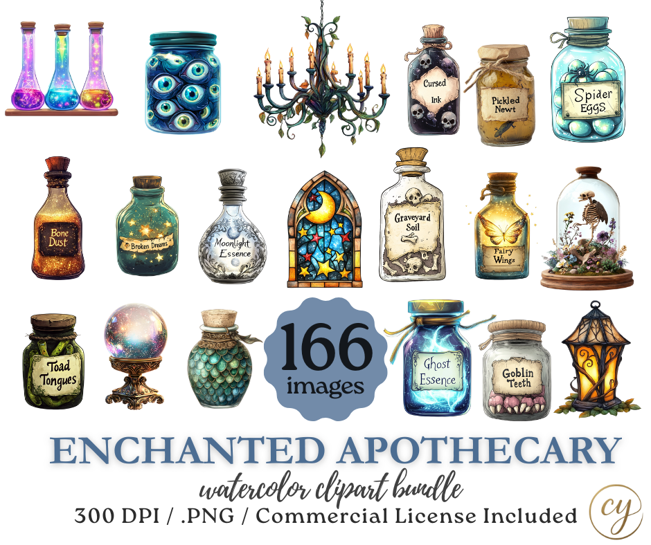Enchanted Apothecary Watercolor Clipart Bundle – 166 PNGs, 300 DPI, Commercial License