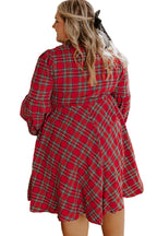 Red Plus Size Plaid Half Button Long Sleeve Holiday Dress