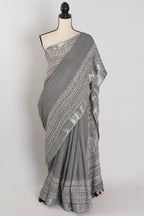 Snigdha: Grey and Silver Hand Block Printed Saree | Soft Linen Cotton